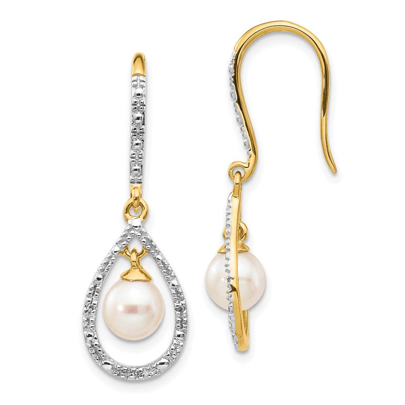 14k 6-7mm White Round Freshwater Cultured Pearl and .02 carat Diamond Shepherd Hook Dangle Earrings XE2507AA