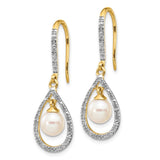 14k 6-7mm White Round Freshwater Cultured Pearl and .02 carat Diamond Shepherd Hook Dangle Earrings XE2507AA