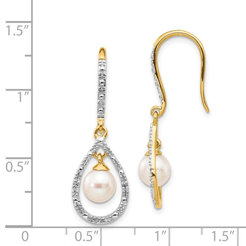 14k 6-7mm White Round Freshwater Cultured Pearl and .02 carat Diamond Shepherd Hook Dangle Earrings XE2507AA