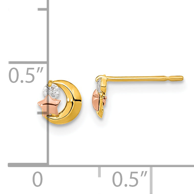 14k Yellow and Rose Gold Madi K CZ Moon and Star Childrens Post Earrings GK778