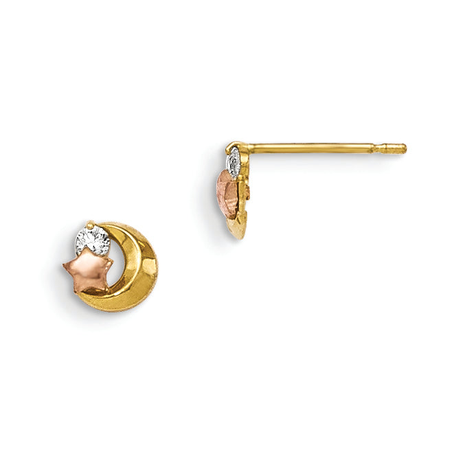 14k Yellow and Rose Gold Madi K CZ Moon and Star Childrens Post Earrings GK778