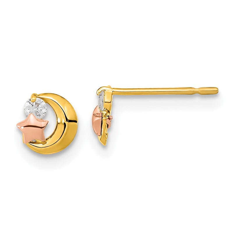 14k Yellow and Rose Gold Madi K CZ Moon and Star Childrens Post Earrings GK778