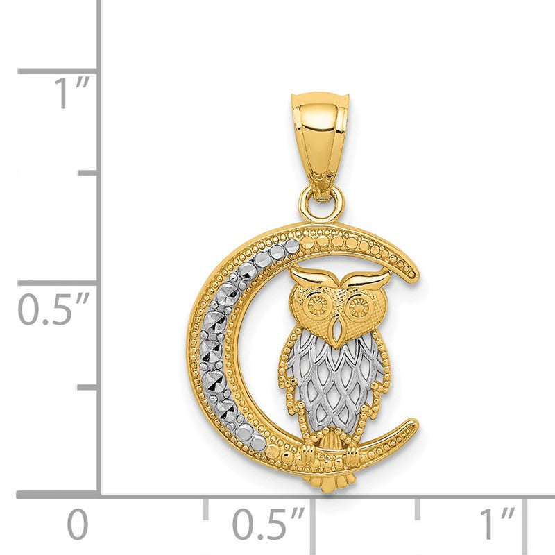 14K and White Rhodium Diamond-cut Owl on the Moon Pendant C4681