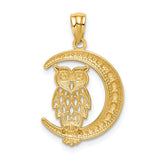 14K and White Rhodium Diamond-cut Owl on the Moon Pendant C4681