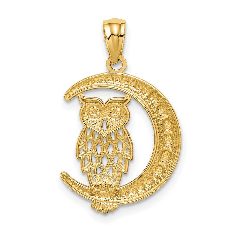 14K and White Rhodium Diamond-cut Owl on the Moon Pendant C4681