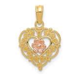 14K Two-tone Polished Flower in Fancy Border Heart Pendant K4012