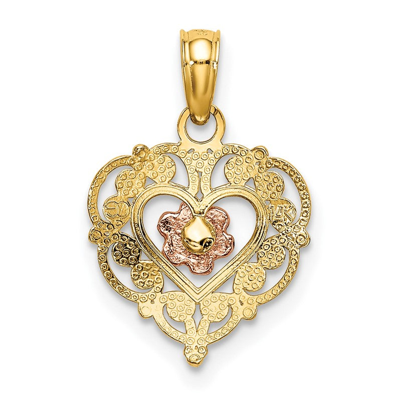 14K Two-tone Polished Flower in Fancy Border Heart Pendant K4012