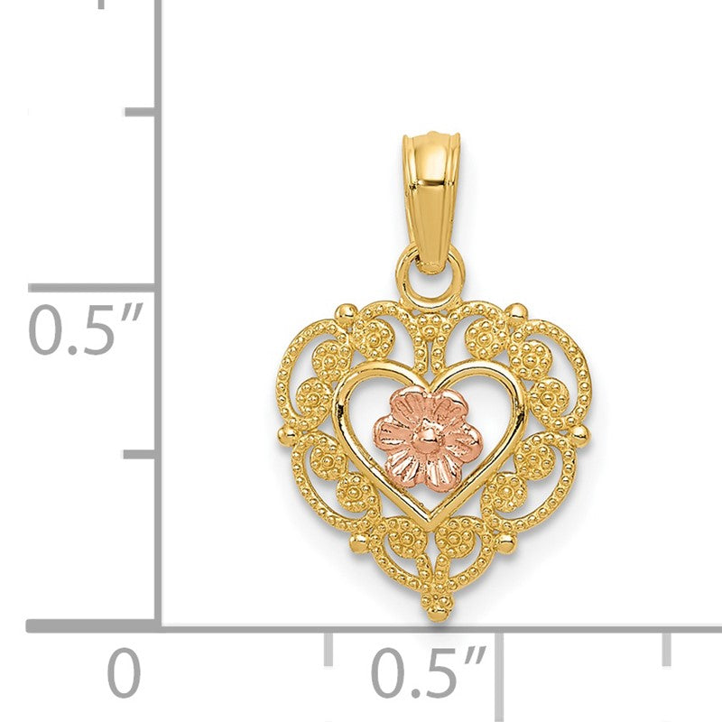 14K Two-tone Polished Flower in Fancy Border Heart Pendant K4012