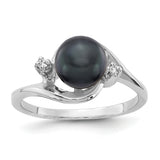 14k White Gold 7mm Black FW Cultured Pearl AAA Diamond ring Y1850BP/AAA