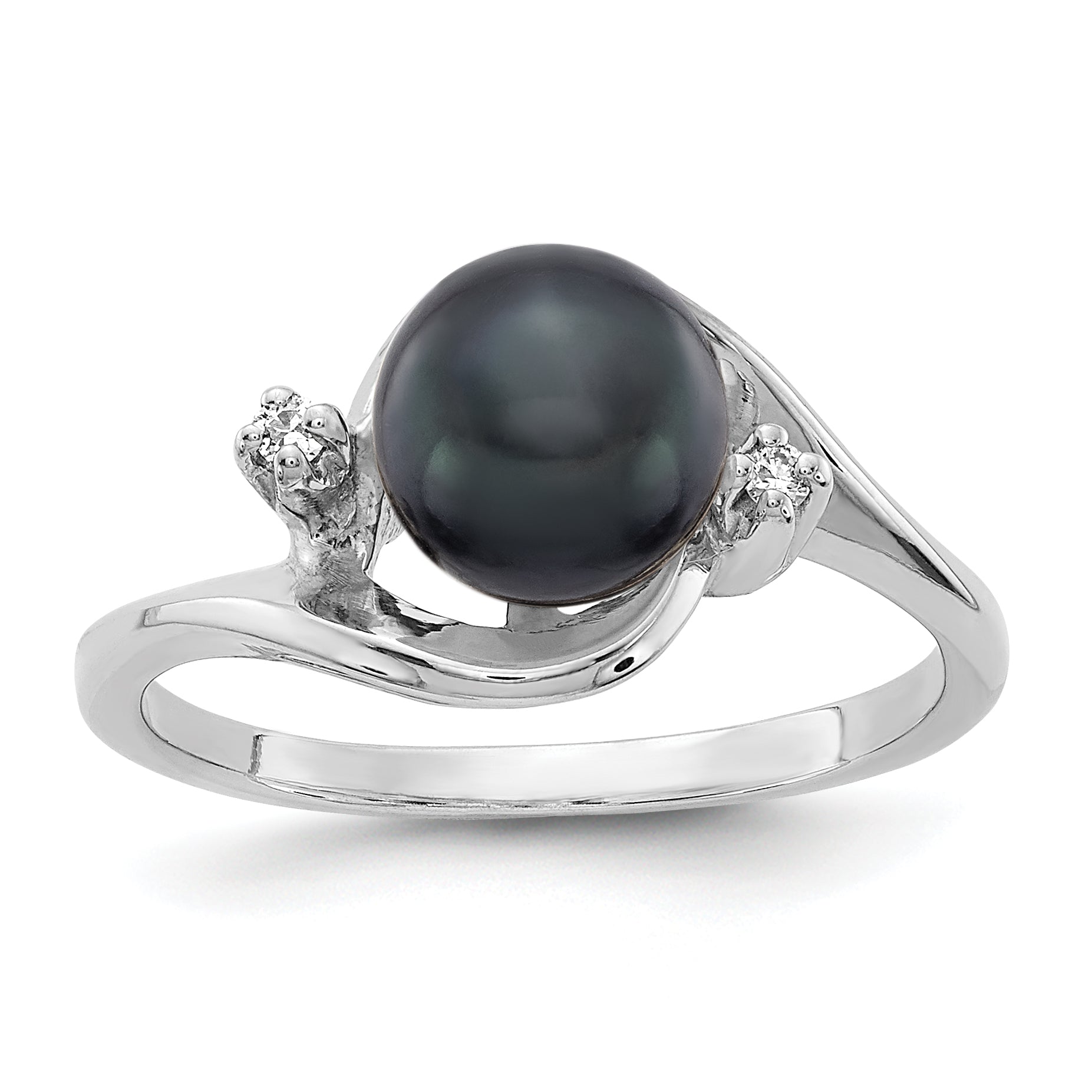 14k White Gold 7mm Black FW Cultured Pearl AAA Diamond ring Y1850BP/AAA