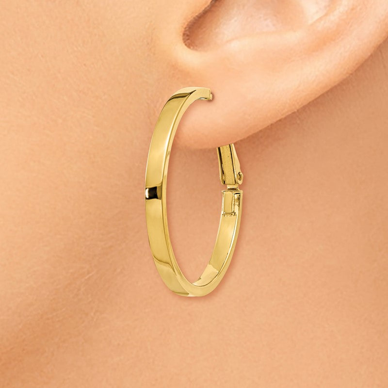 14k 3x30mm Polished Square Tube Omega Back Round Hoop Earrings PRE229