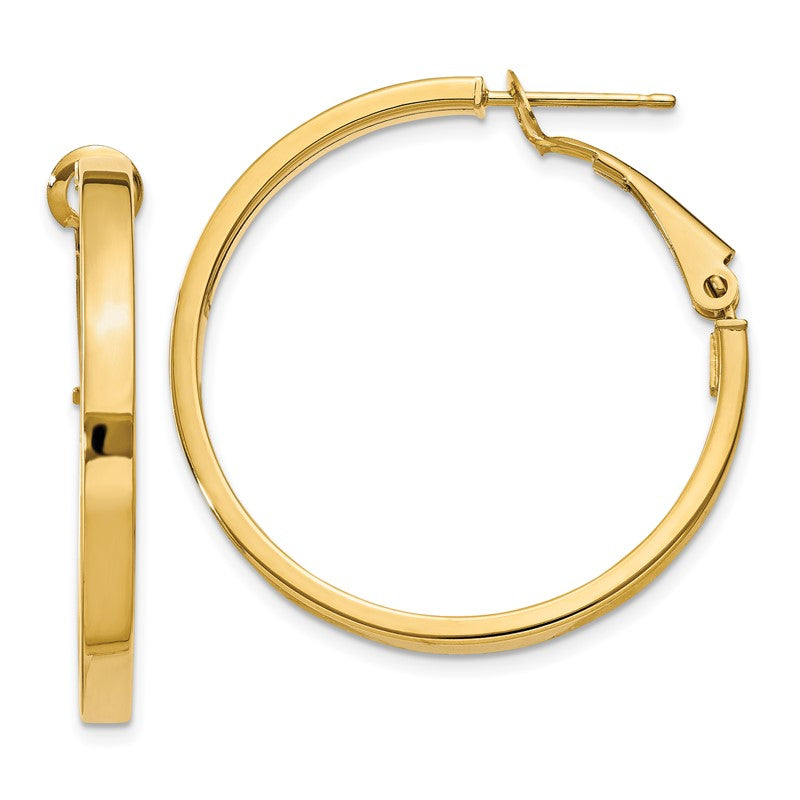14k 3x30mm Polished Square Tube Omega Back Round Hoop Earrings PRE229