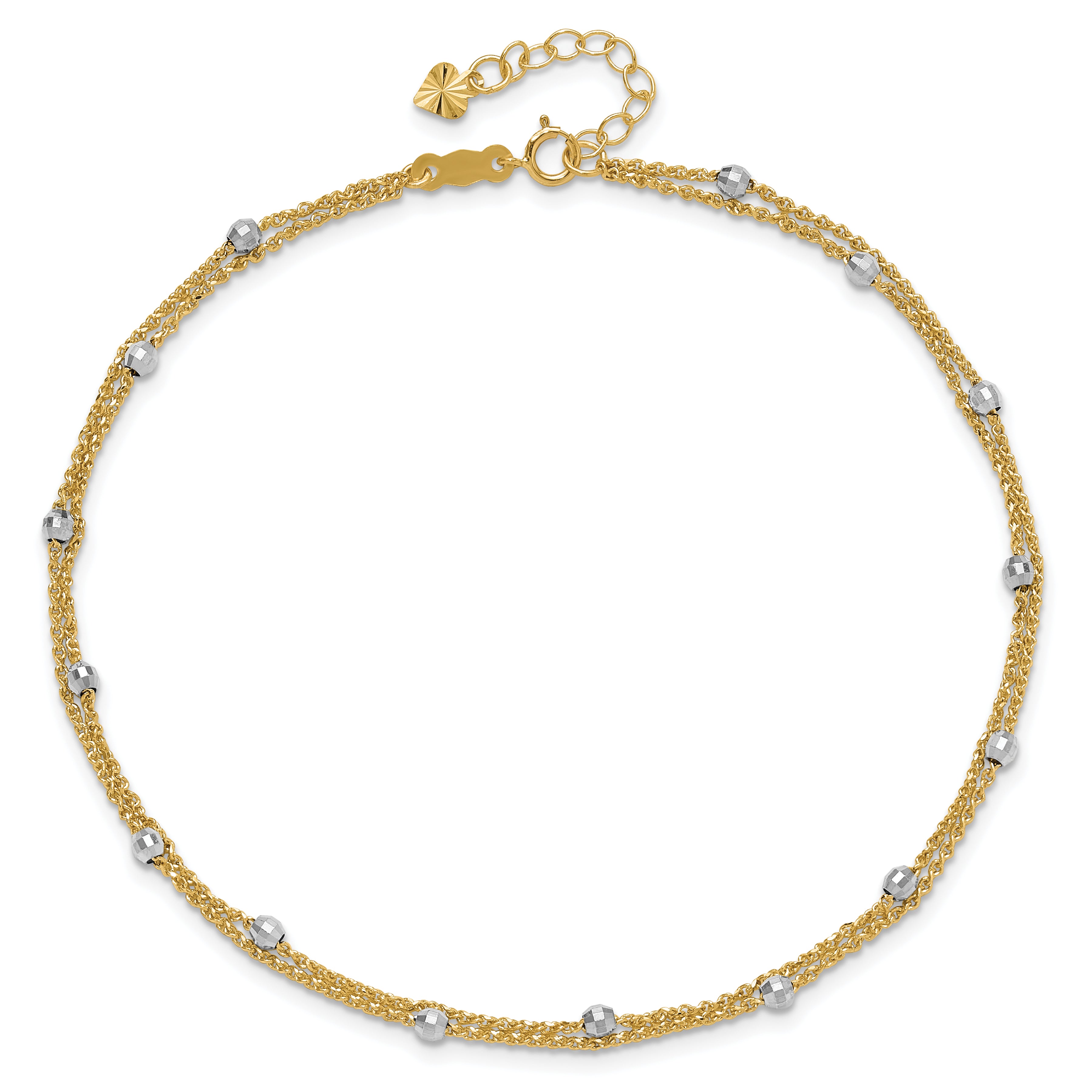 14K Two-tone 2-Strand Chain with Mirror Beads 9 inch Plus 1 inch Extender - Total 10 inch Anklet ANK241