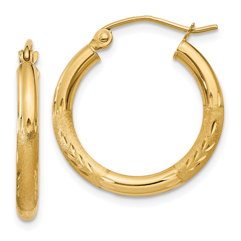 14k 2.5x20mm Satin Diamond-cut Round Tube Hoop Earrings TC245
