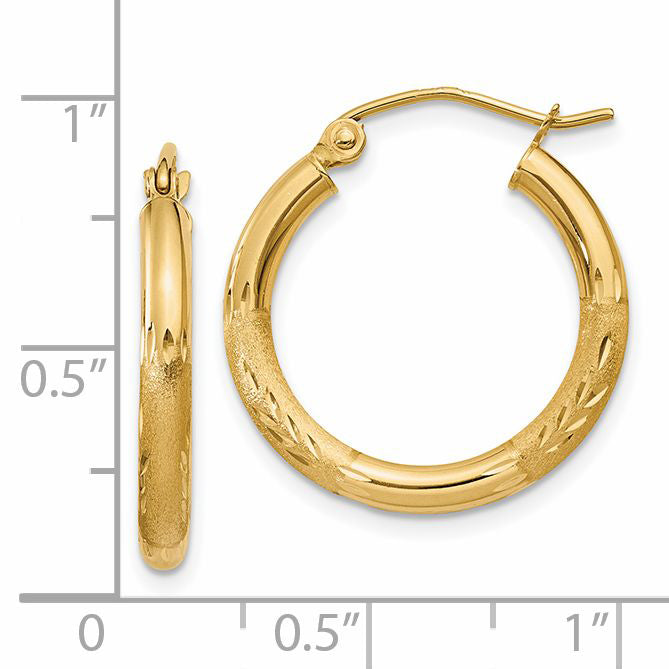 14k 2.5x20mm Satin Diamond-cut Round Tube Hoop Earrings TC245