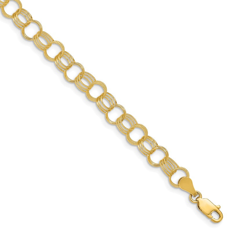 14k 7.5mm Solid Polished and Textured Triple Link 7 inch Charm Bracelet DO532
