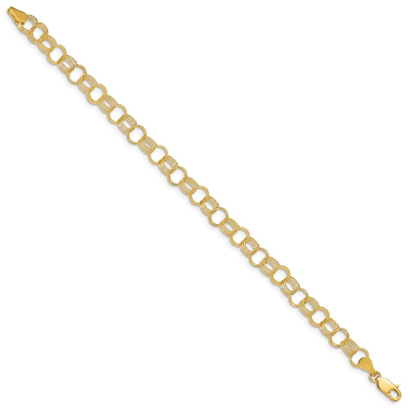 14k 7.5mm Solid Polished and Textured Triple Link 7 inch Charm Bracelet DO532