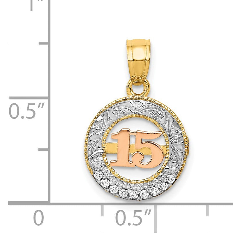14k Two-tone with White Rhodium CZ 15 in Circle Pendant K5884