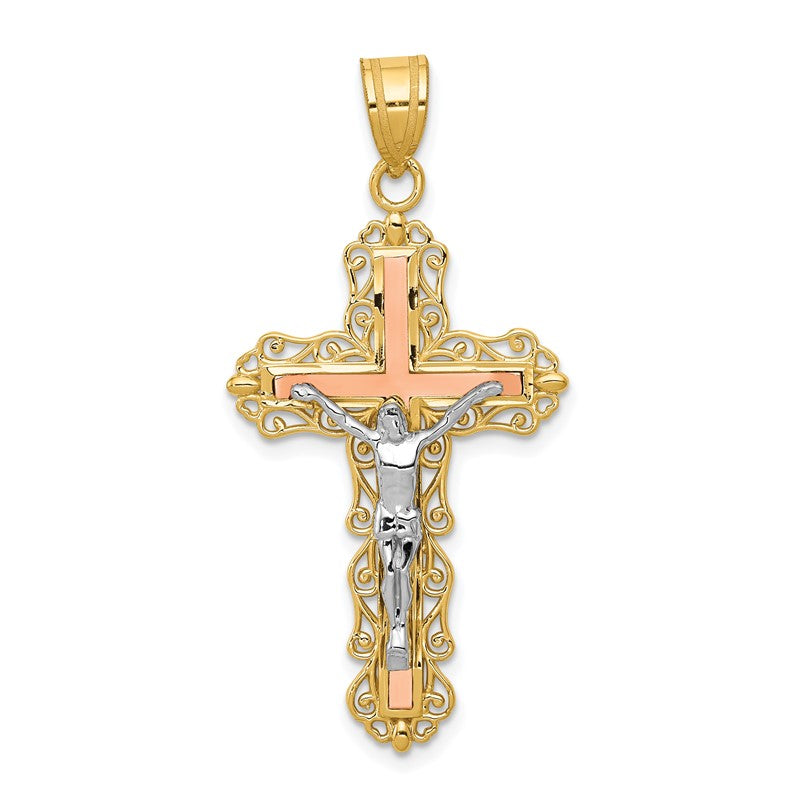 14K Tri-color Diamond-cut Filigree Crucifix Pendant D3645