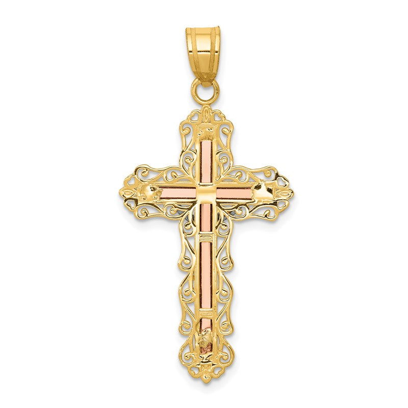 14K Tri-color Diamond-cut Filigree Crucifix Pendant D3645