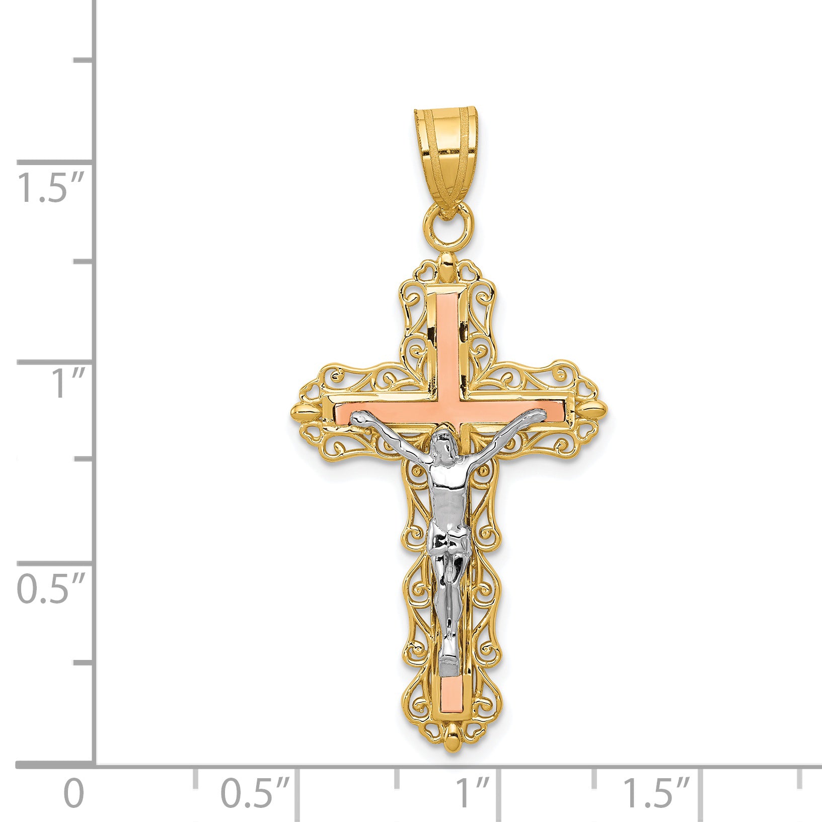 14K Tri-color Diamond-cut Filigree Crucifix Pendant D3645