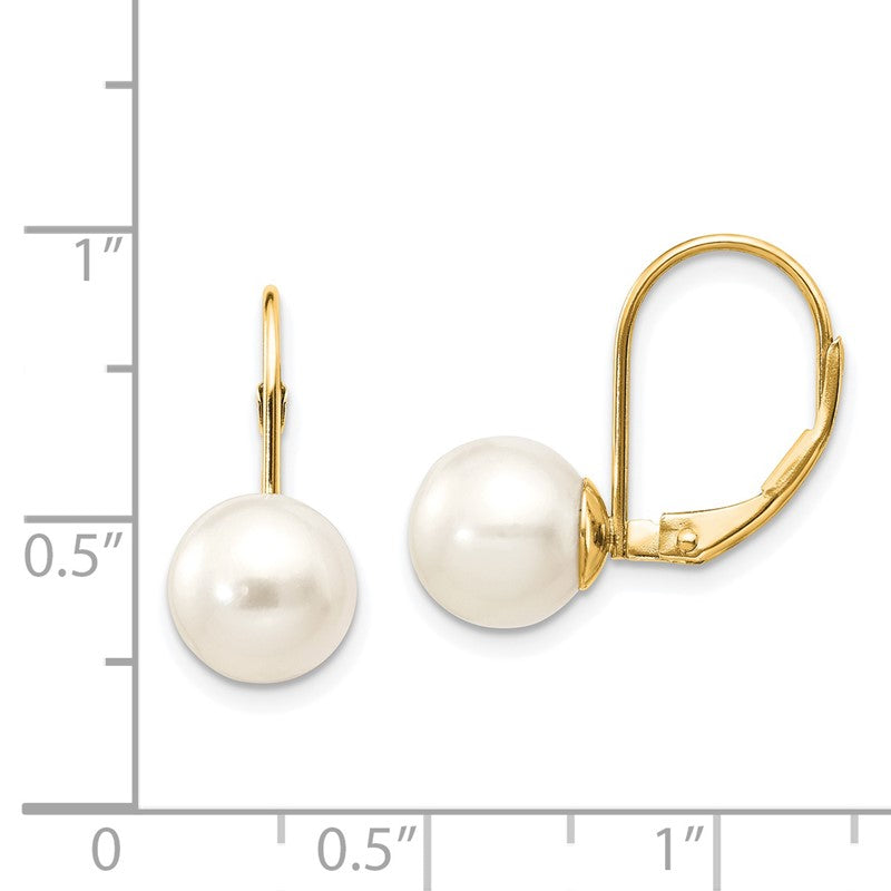 14k 8-9mm White Round Freshwater Cultured Pearl Leverback Earrings XLB85PL