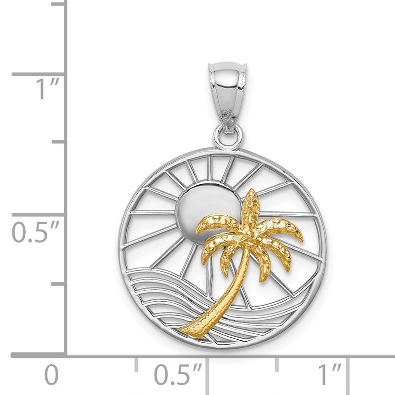 14K Two-tone Sun and Palm Tree in Circle Pendant D4597
