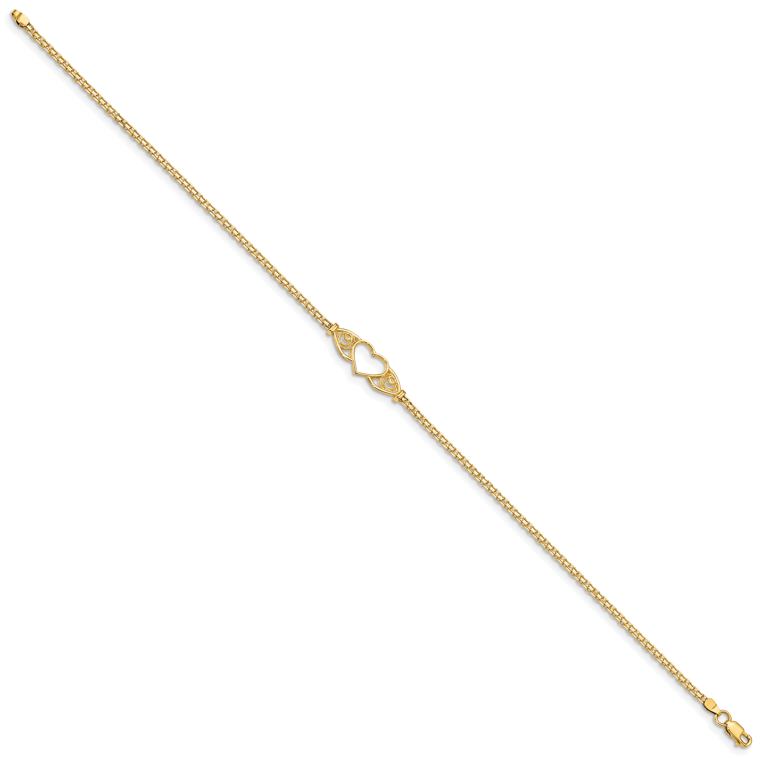 14k Polished Open Heart with Filigree and Bismark Chain 10 inch  Anklet ANK118