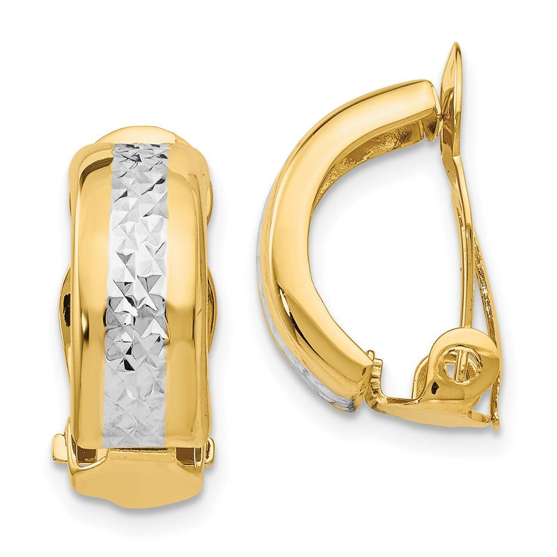 14k and White Rhodium 6x17mm Diamond-cut Half Hoop Omega Back Non-pierced Earrings E845