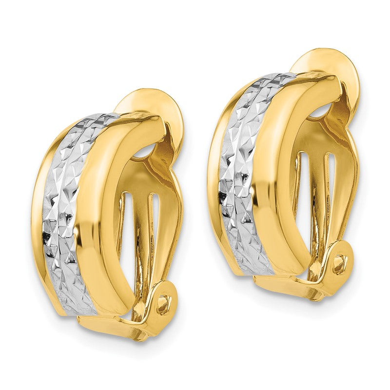 14k and White Rhodium 6x17mm Diamond-cut Half Hoop Omega Back Non-pierced Earrings E845