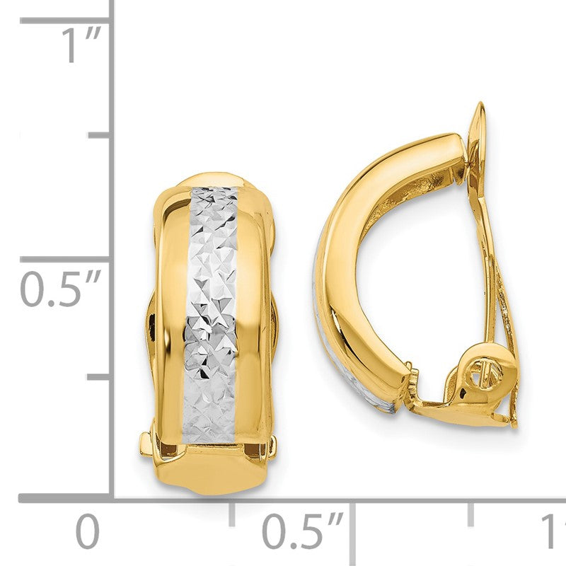 14k and White Rhodium 6x17mm Diamond-cut Half Hoop Omega Back Non-pierced Earrings E845