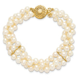 14k 5-6mm White Near-Round Freshwater Cultured Pearl 3-Strand 7.5 inch Bracelet PR14