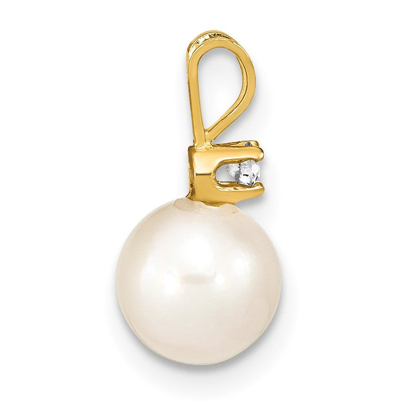 14k 7-8mm White Round Akoya Saltwater Cultured Pearl and 1/20 Carat Diamond Pendant XF476