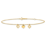 14k Three Heart Dangles 9 inch Plus 1 inch Extender - Total 10 inch Anklet ANK233