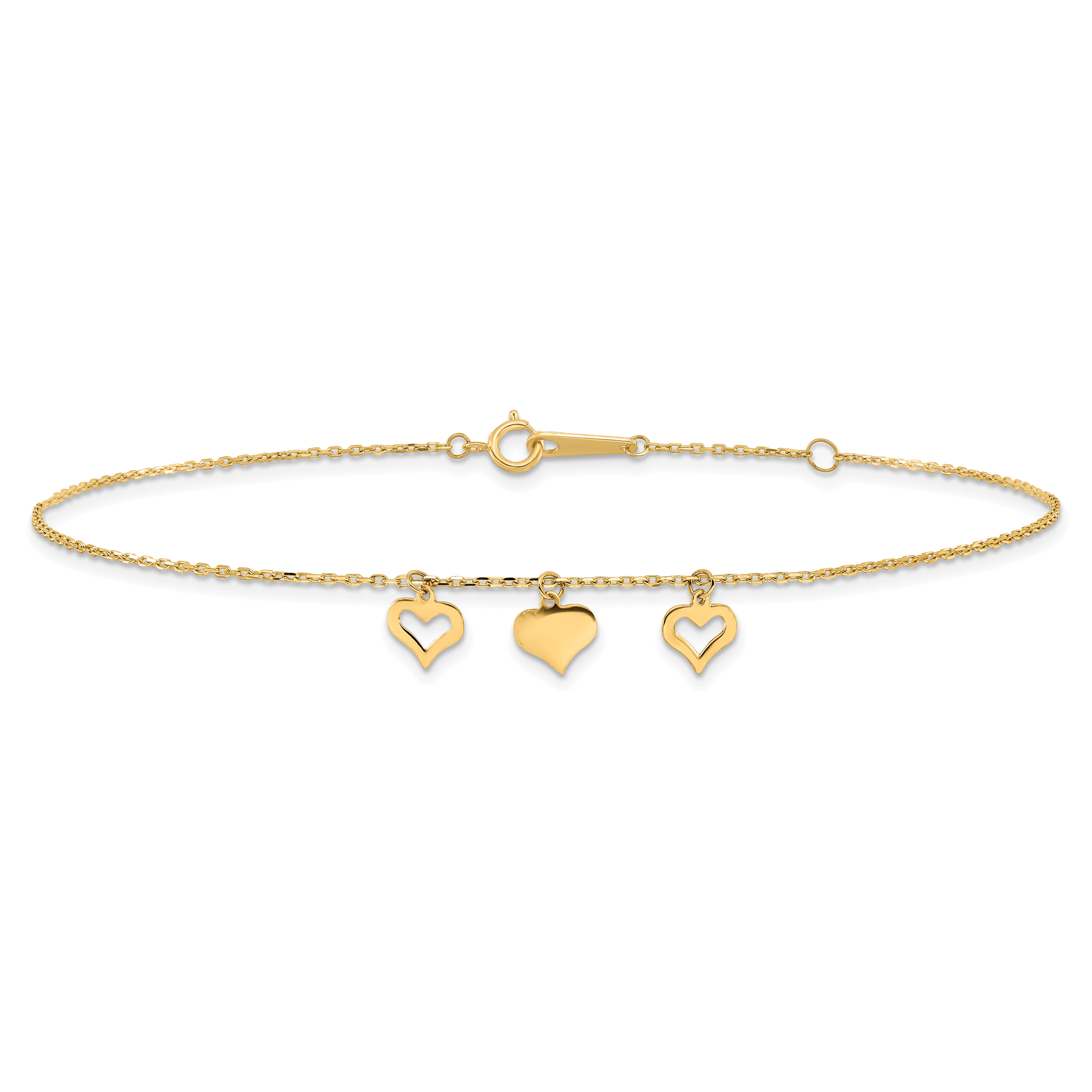 14k Three Heart Dangles 9 inch Plus 1 inch Extender - Total 10 inch Anklet ANK233