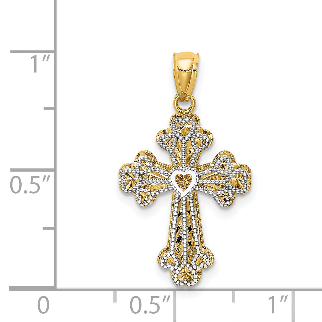 14K Two-tone Polished Filigree 2 Level Heart Cross Pendant K5503
