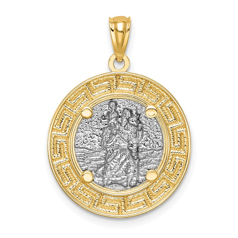 14K and White Rhodium Solid St. Christopher Medal Greek Key Edge Round Pendant C4715