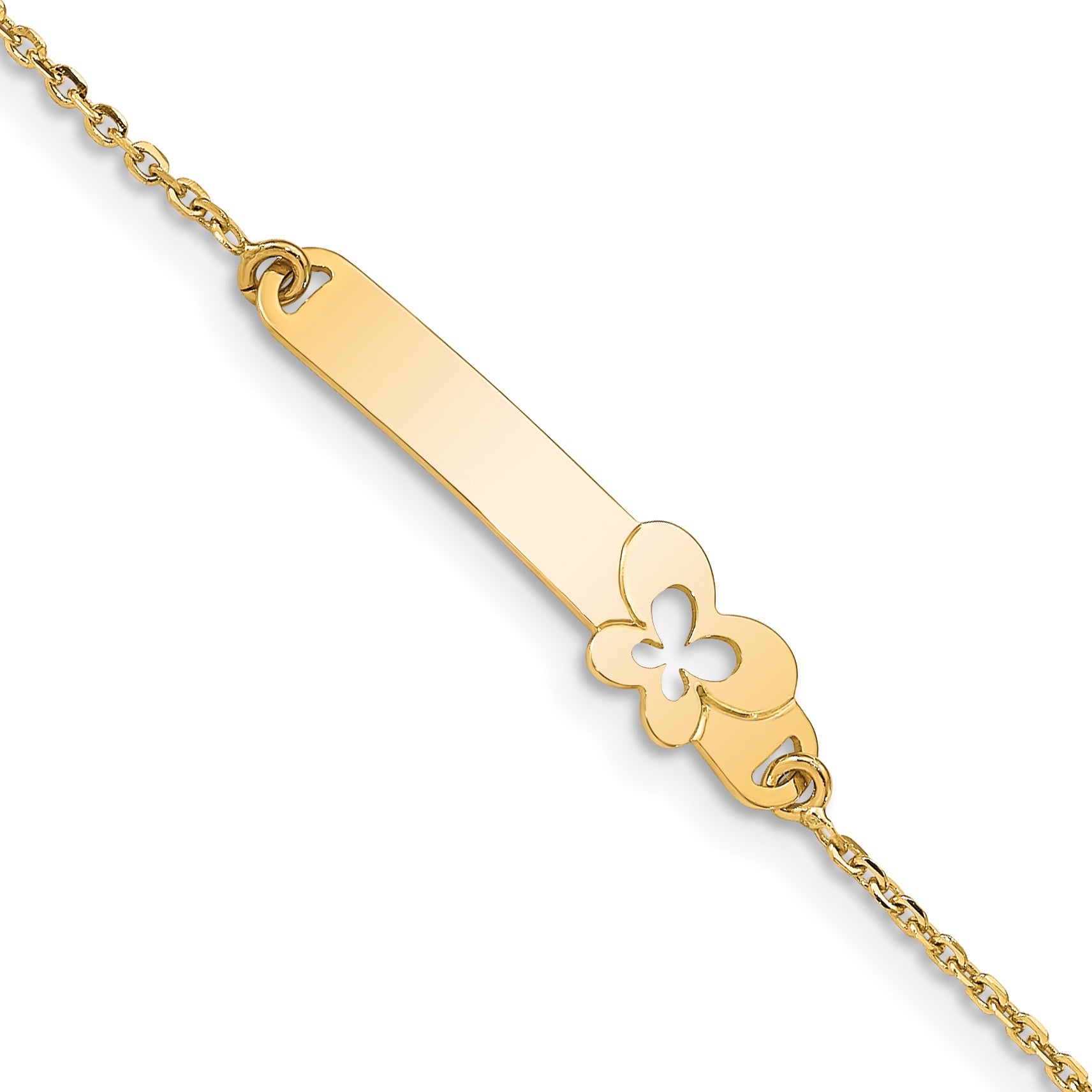 14K Polished Solid Chain/Solid Plate Butterfly 27.5x6.5mm Plate 5.5 inch Baby/Child ID Bracelet with 1 inch Extender BID111