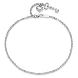 14k White Gold Cable Chain with Puffed Heart and Key Dangle 9 inch Plus 1 inch Extender - Total 10 inch Anklet ANK45