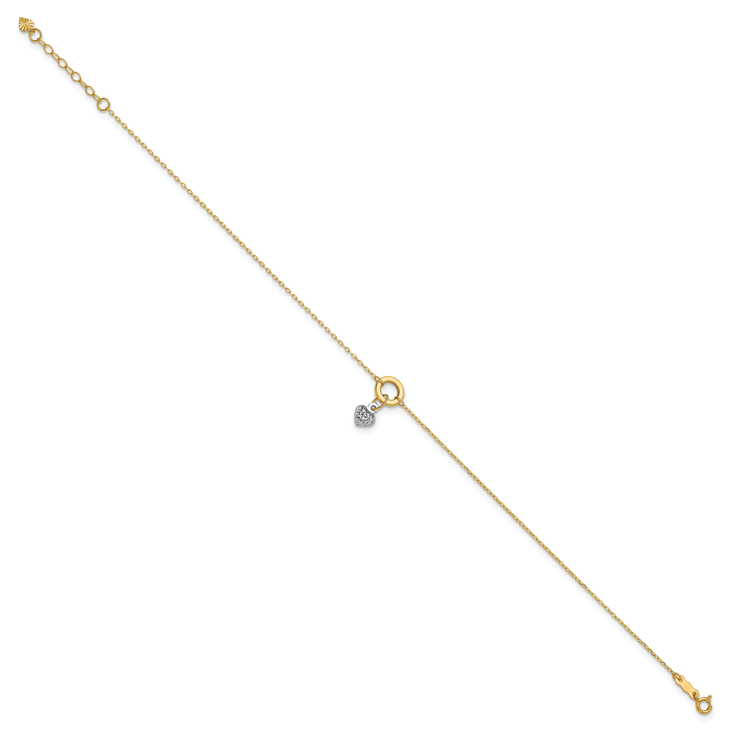 14K Two-tone Circle with Diamond-cut Puffed Heart Dangle 9 inch Plus 1 inch Extender - Total 10 inch Anklet ANK243