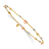 14k Tri-color Diamond-cut Hearts and Beads Slip-on Round Bangle Bracelet DB679