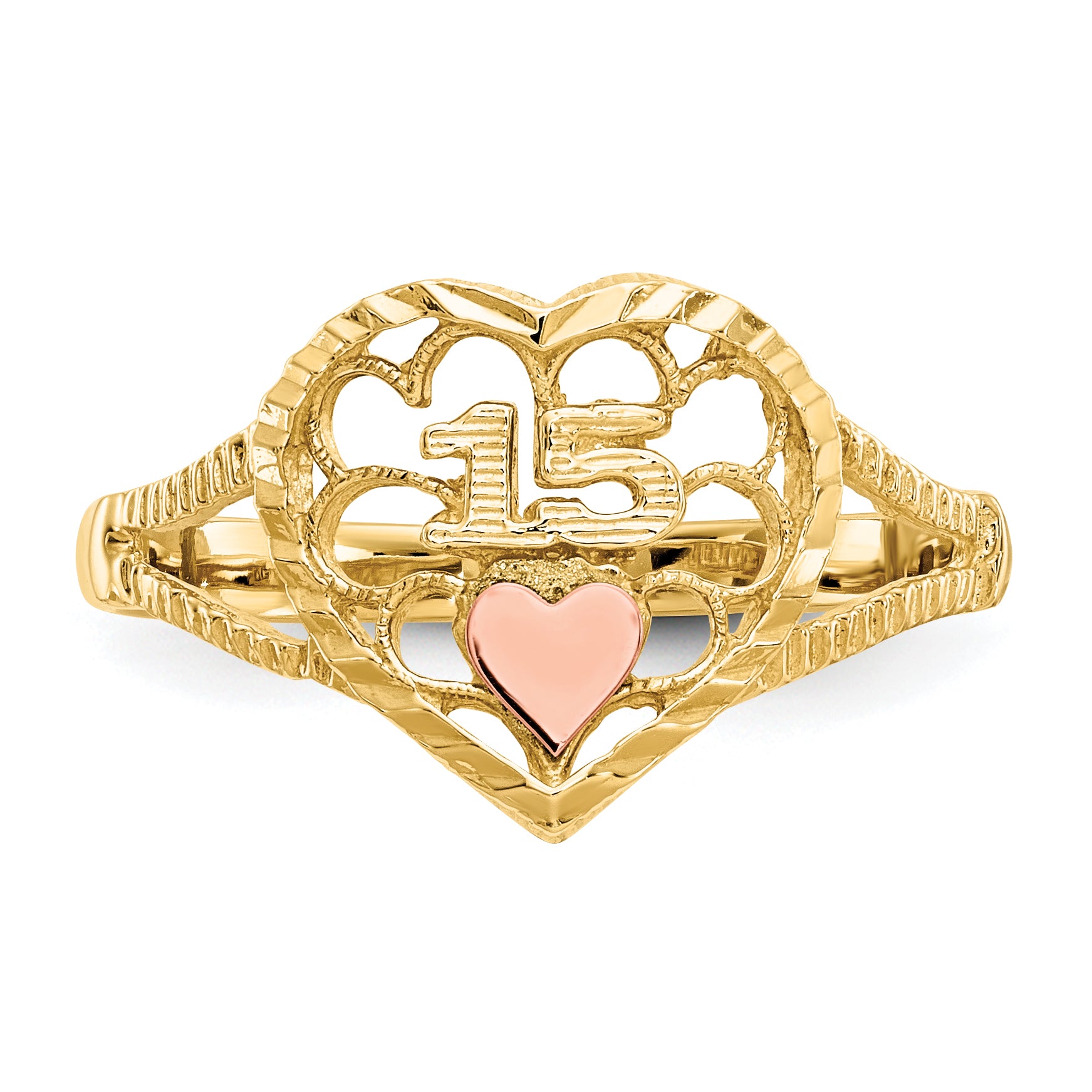 14K Two-tone Diamond-cut Quinceanera 15 in Heart Ring K3886