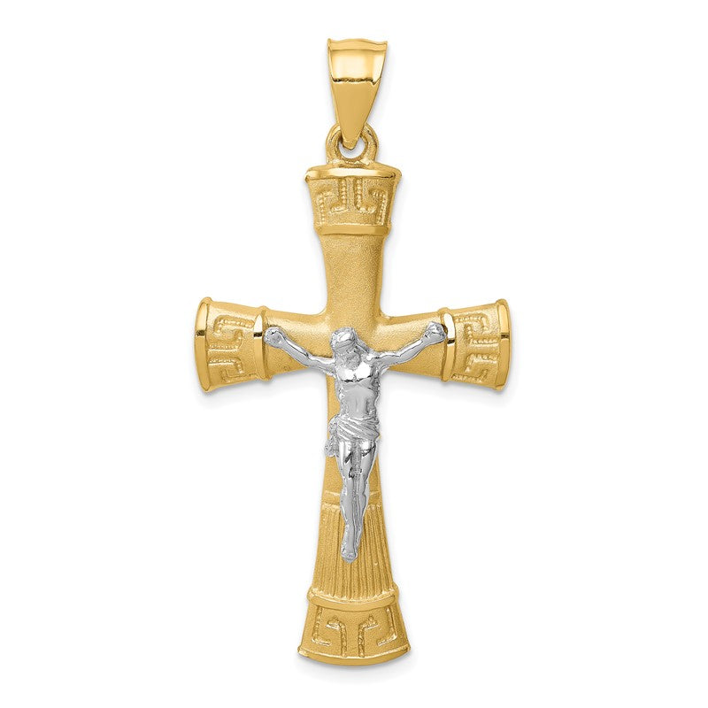 14K Two-tone Brushed and Polished Greek Key Crucifix Pendant D4658
