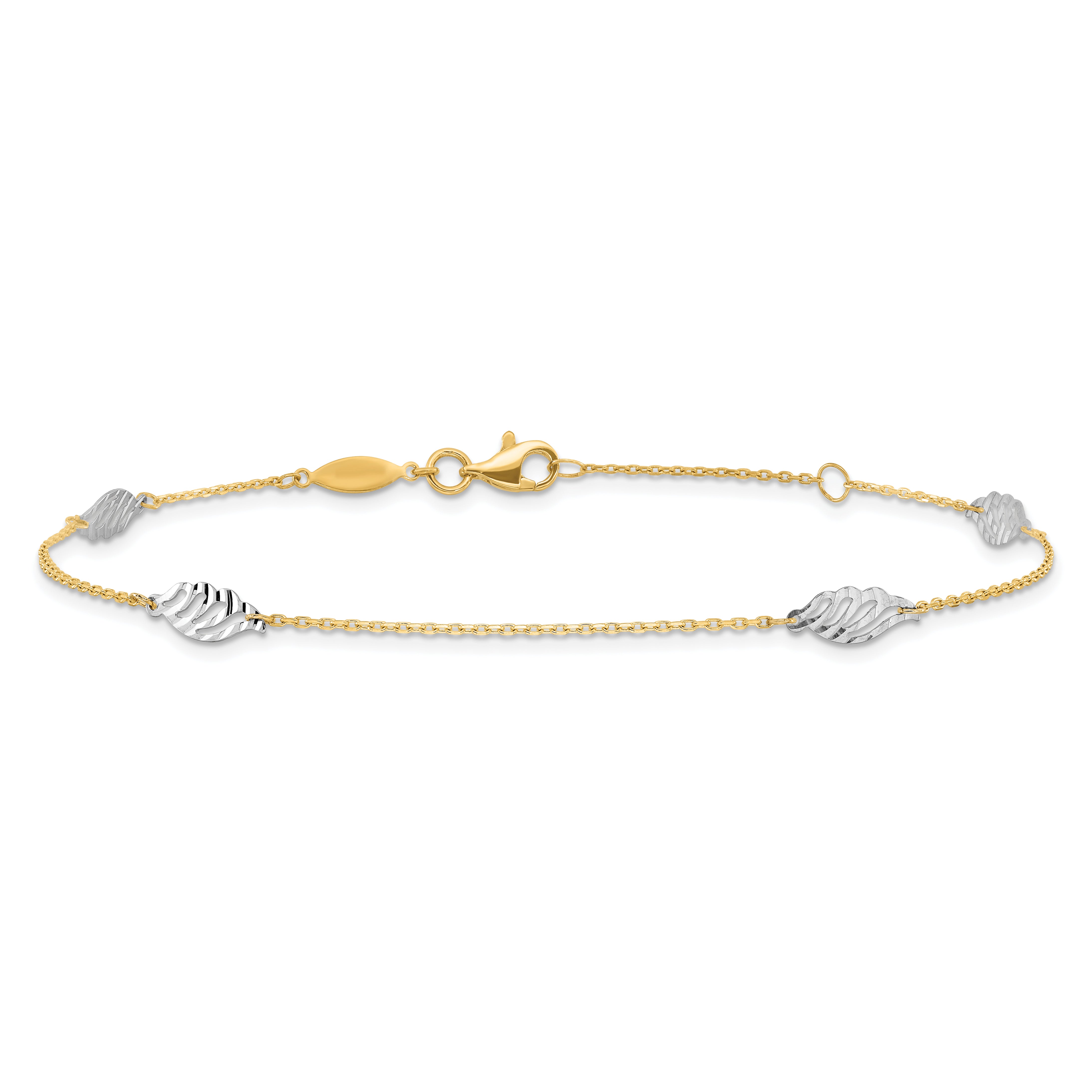 14K Two-Tone Diamond-cut Leaf 4-Station 9 inch Plus 1 inch Extender - Total 10 inch Anklet ANK281