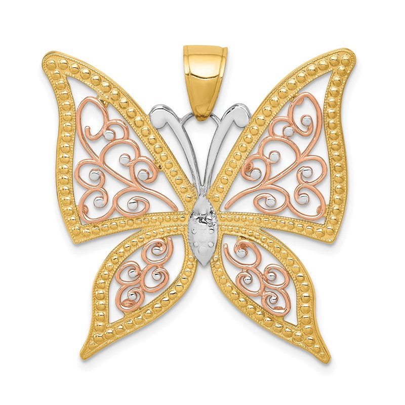14k Two-tone with White Rhodium Diamond-cut Butterfly Pendant K3249