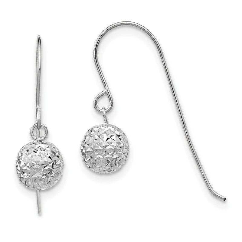 14K White Gold 6mm Diamond-cut Bead Dangle French Hook Earrings TL924