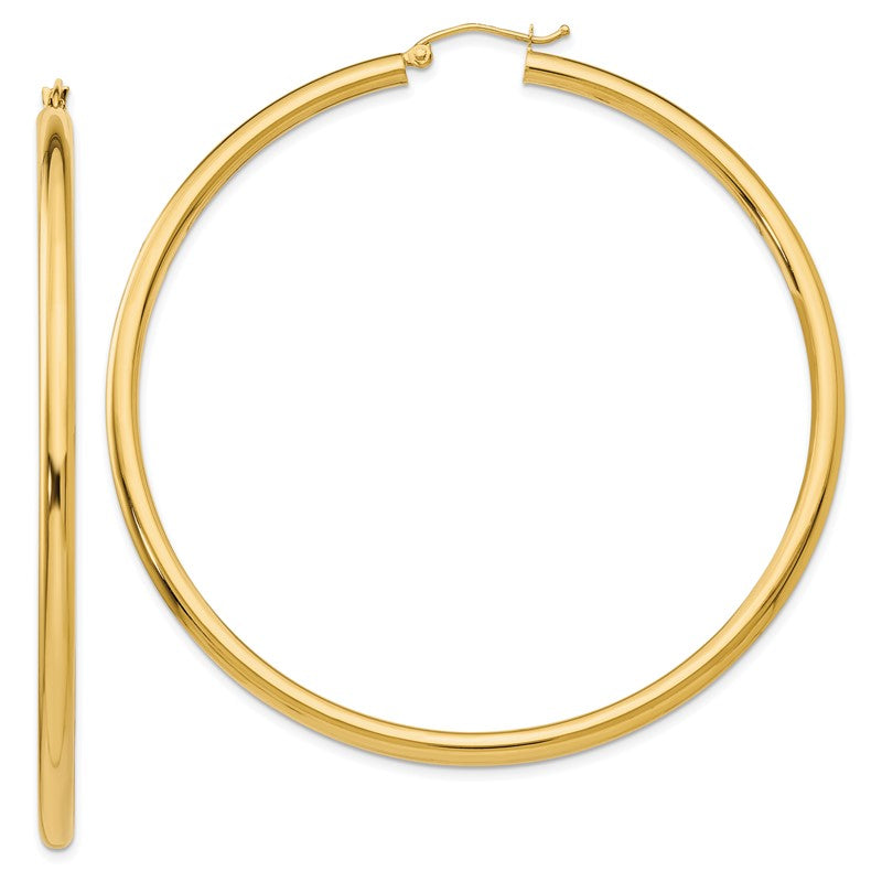 14K 3x65mm Polished Tube Hoop Earrings T946