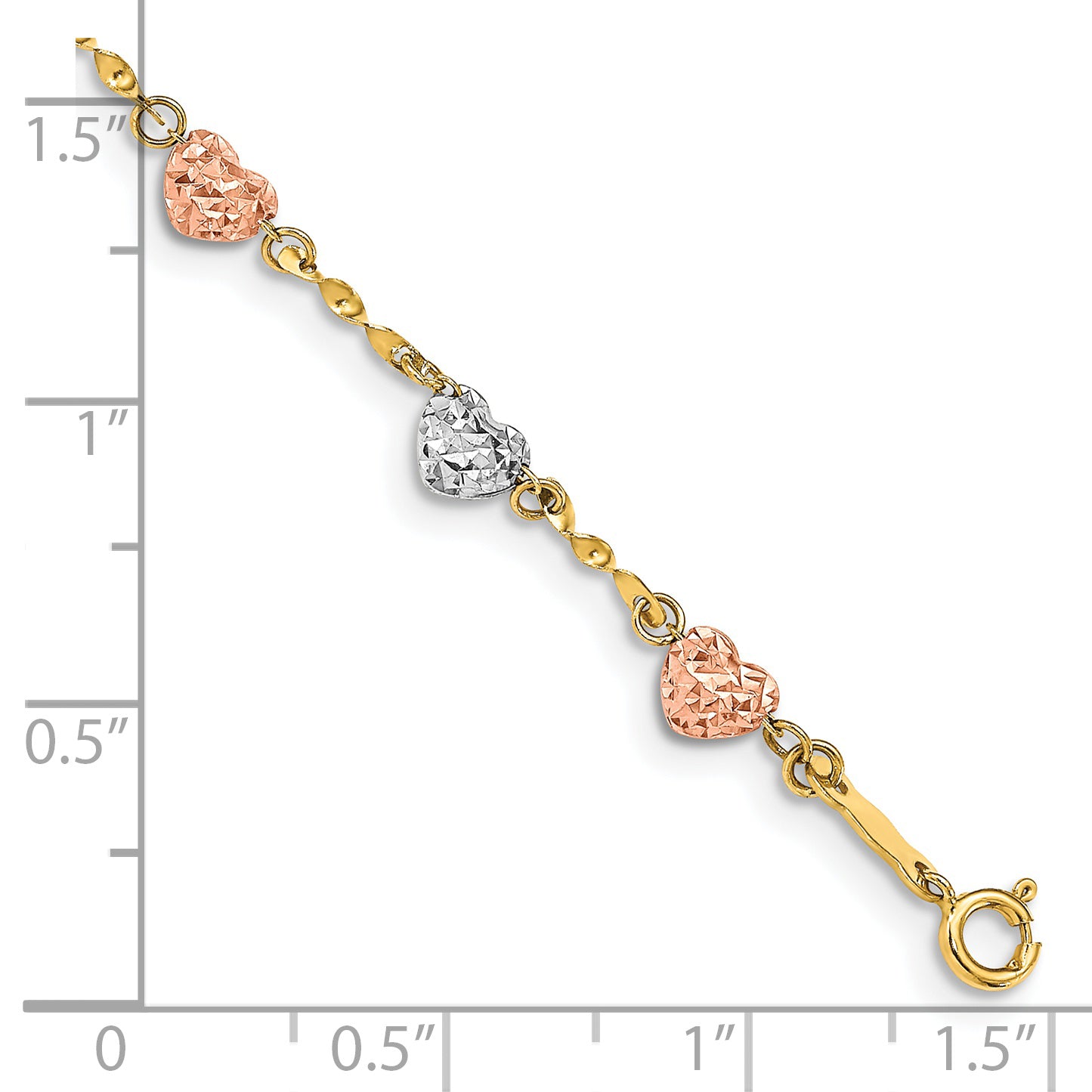 14k Tri-color Diamond-cut Puffed Heart 7 inch Bracelet SF1832