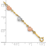 14k Tri-color Diamond-cut Puffed Heart 7 inch Bracelet SF1832
