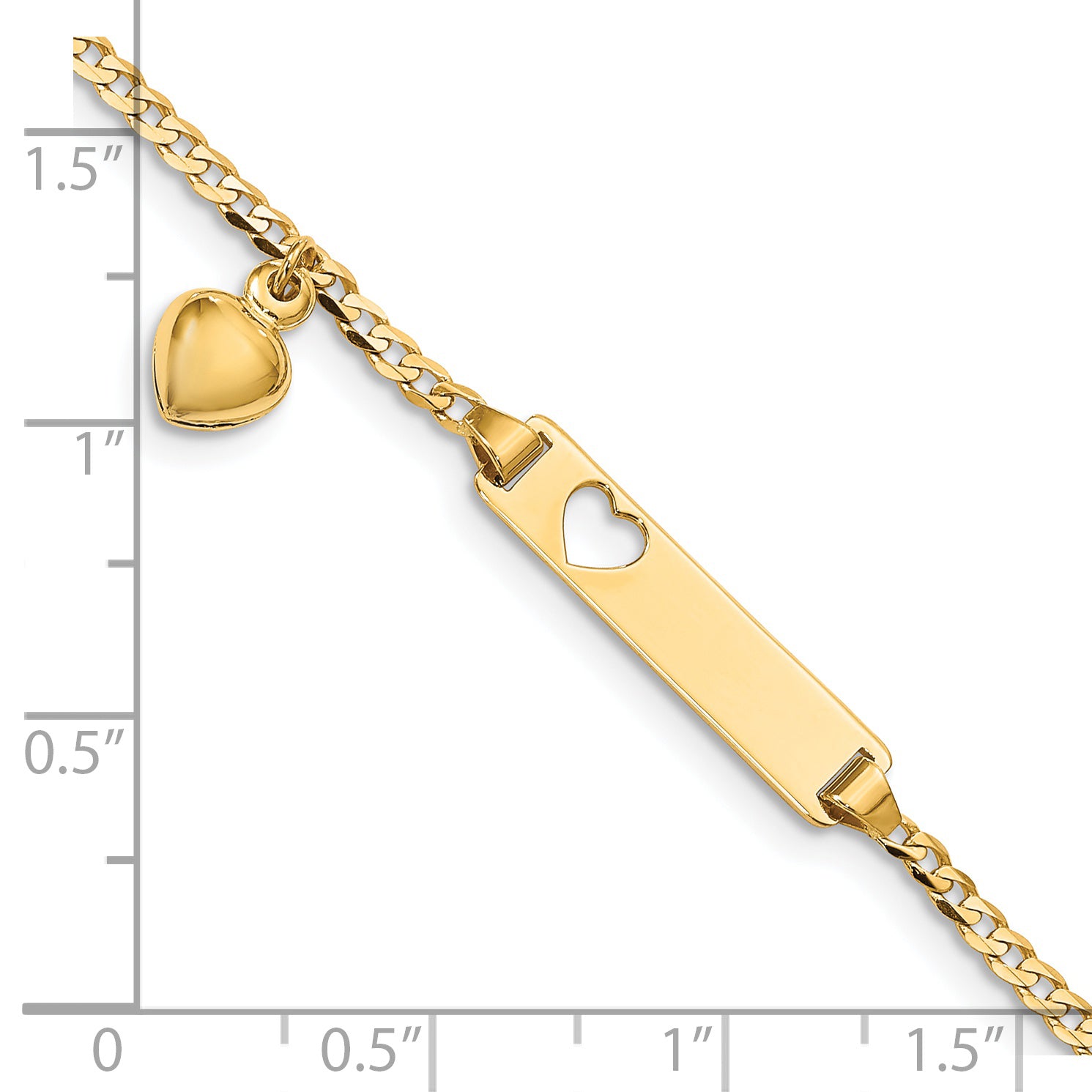 14k Polished Solid Chain/Solid Plate Cut-out Heart with Heart Dangle Curb Link 21x5mm Plate 6 inch Baby/Child ID Bracelet BID96